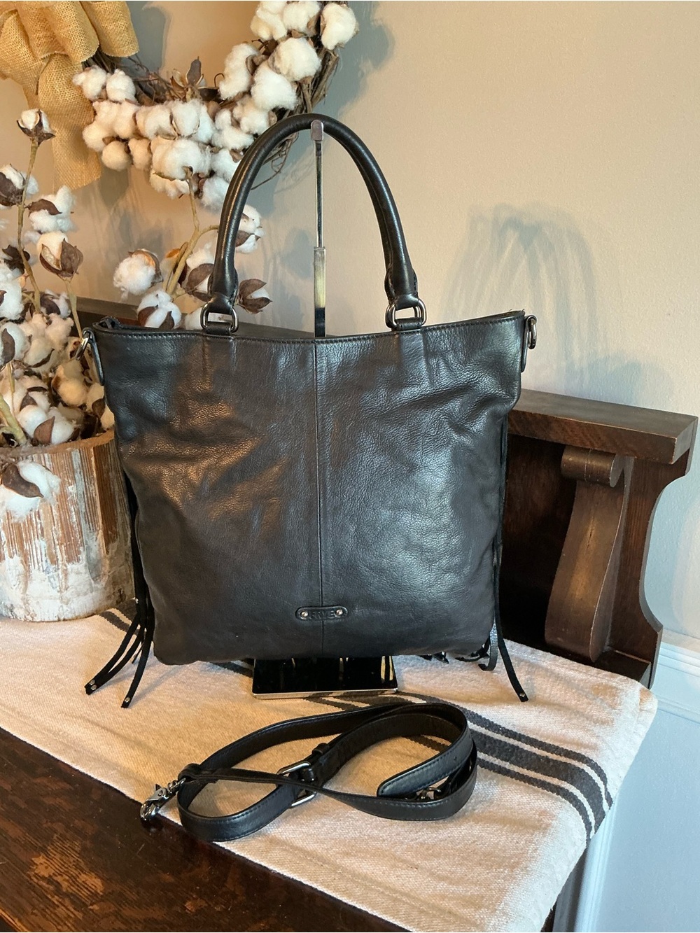 Frye Italian Leather Heidi Studded Fringe Tote Crossbody Black Retail $458 - Picture 4 of 12